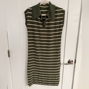 Striped Green and Cream Sleeveless Collared Dress